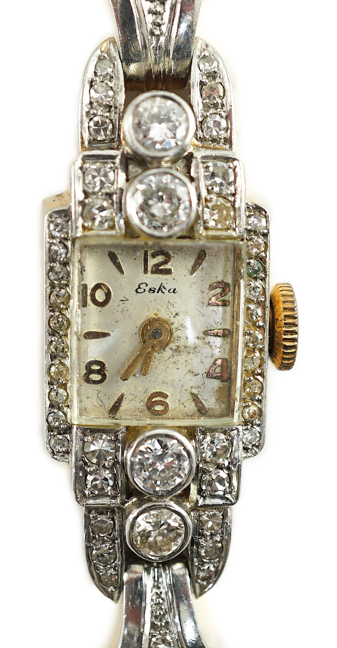 A mid to late 20th century gold and diamond set Eska manual wind cocktail watch